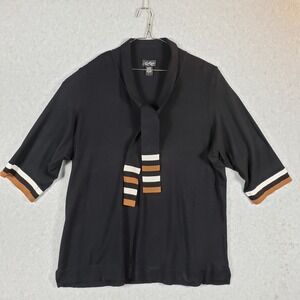 Russell Kemp NY Black Striped Tie Neck 3/4 Sleeve Knit‎ Top Women's 3X Modern